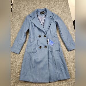 Chouyatou Women's XS Trench Coat Blue Wool Blend Pea Coat Old Money Quite Luxury